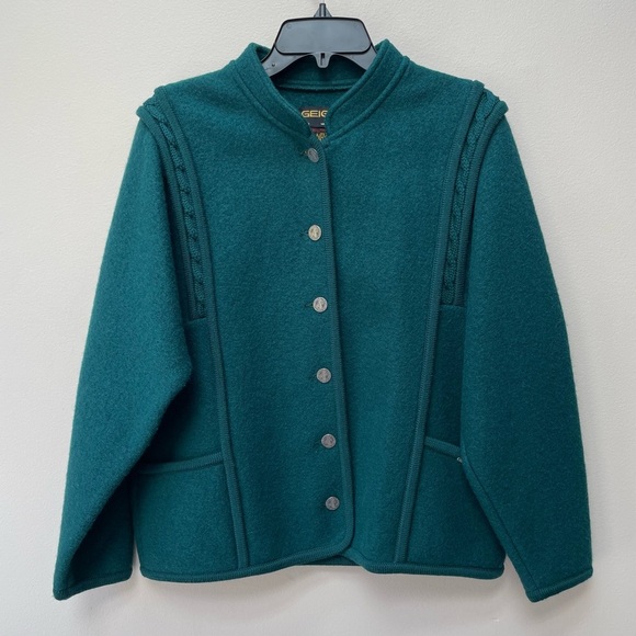 VTG Geiger of Austria 100% Pure Wool Emerald Green Button Front Jacket Coat - Picture 1 of 11